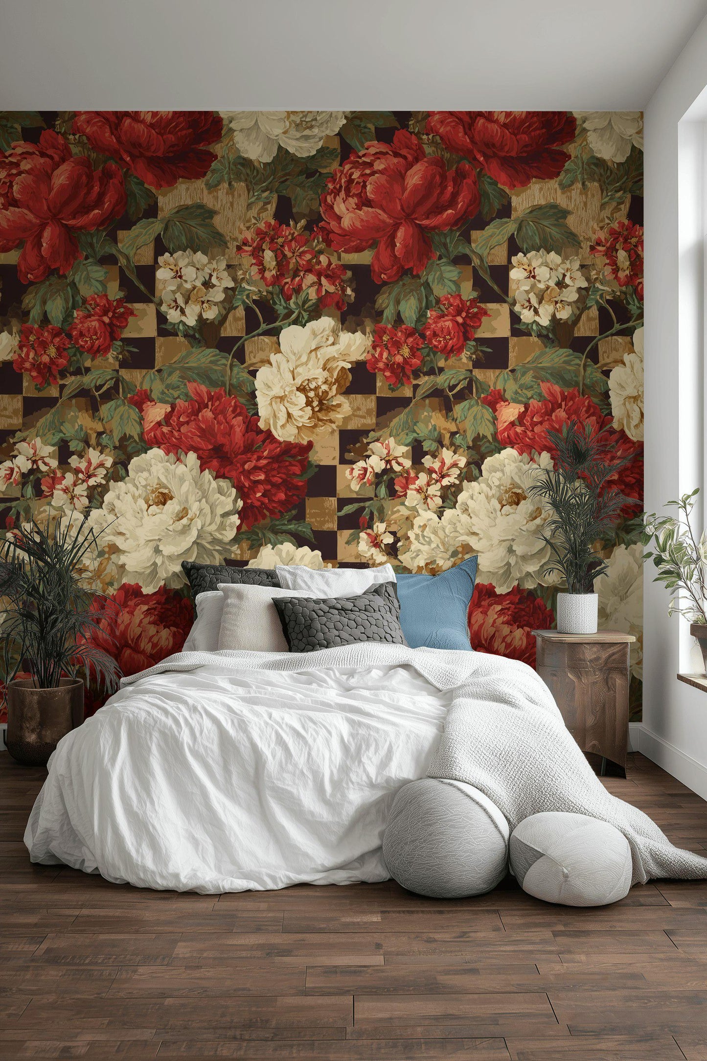 Dark Academia Floral Wallpaper: Vintage Checkered Peel and Stick Mural