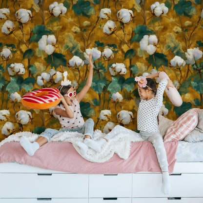 Rustic Cotton Plant Wallpaper | Farmhouse Botanical Wall Mural | Yellow Peel and Stick Decor