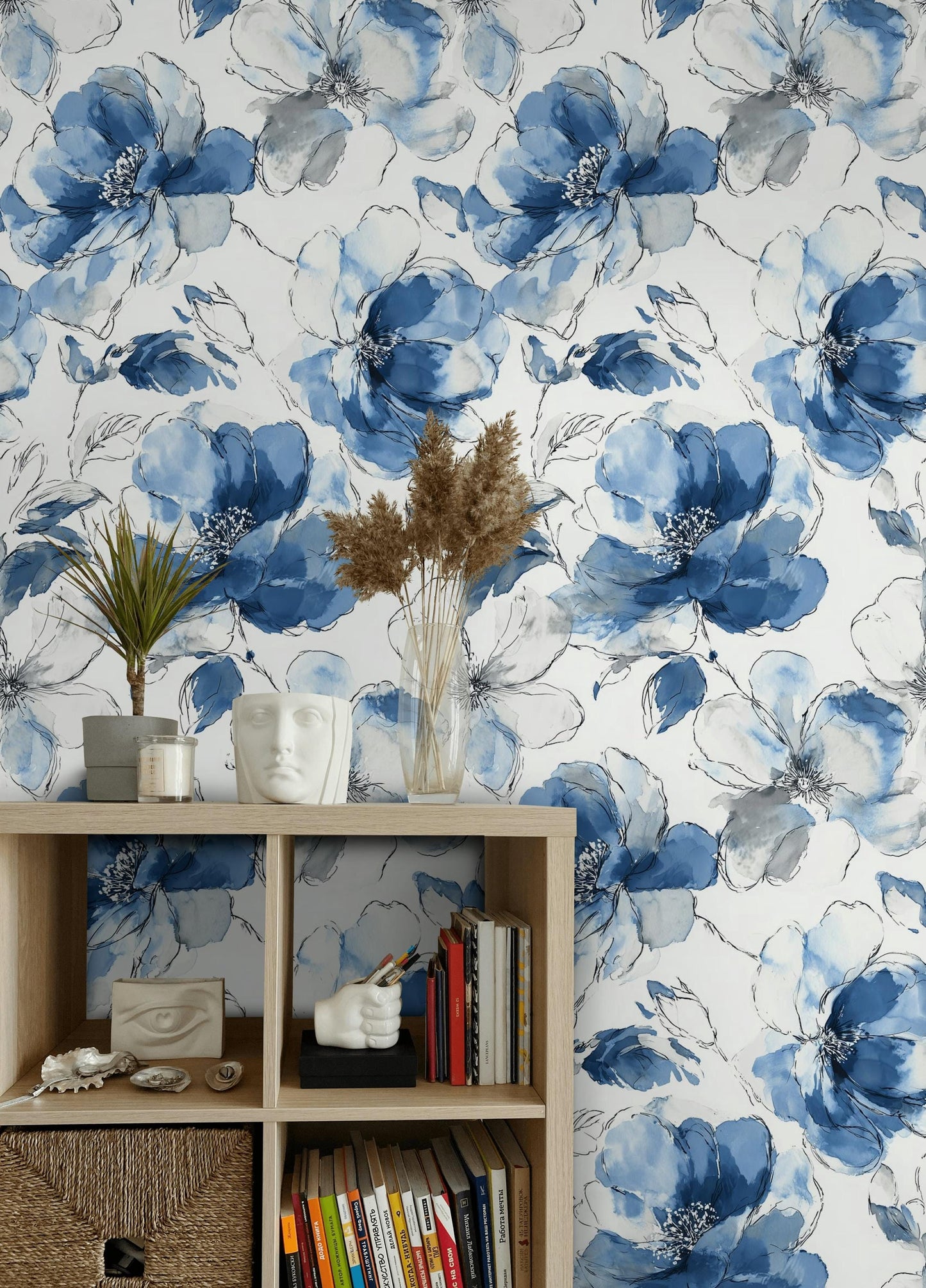 Blue Watercolor Peony Wallpaper: Abstract Floral Peel and Stick Wall Mural