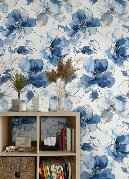 Blue Watercolor Peony Wallpaper: Abstract Floral Peel and Stick Wall Mural