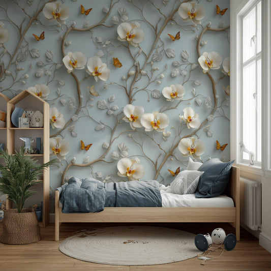 3D Orchid Wallpaper: Blue & White Butterfly Wall Mural - Peel and Stick