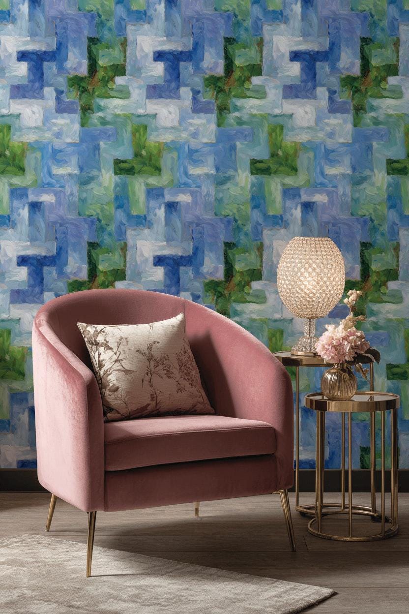 Monet Style Impressionist Mural, Textured Blue Green Block Wallpaper, Vertical Peel & Stick Art Panel