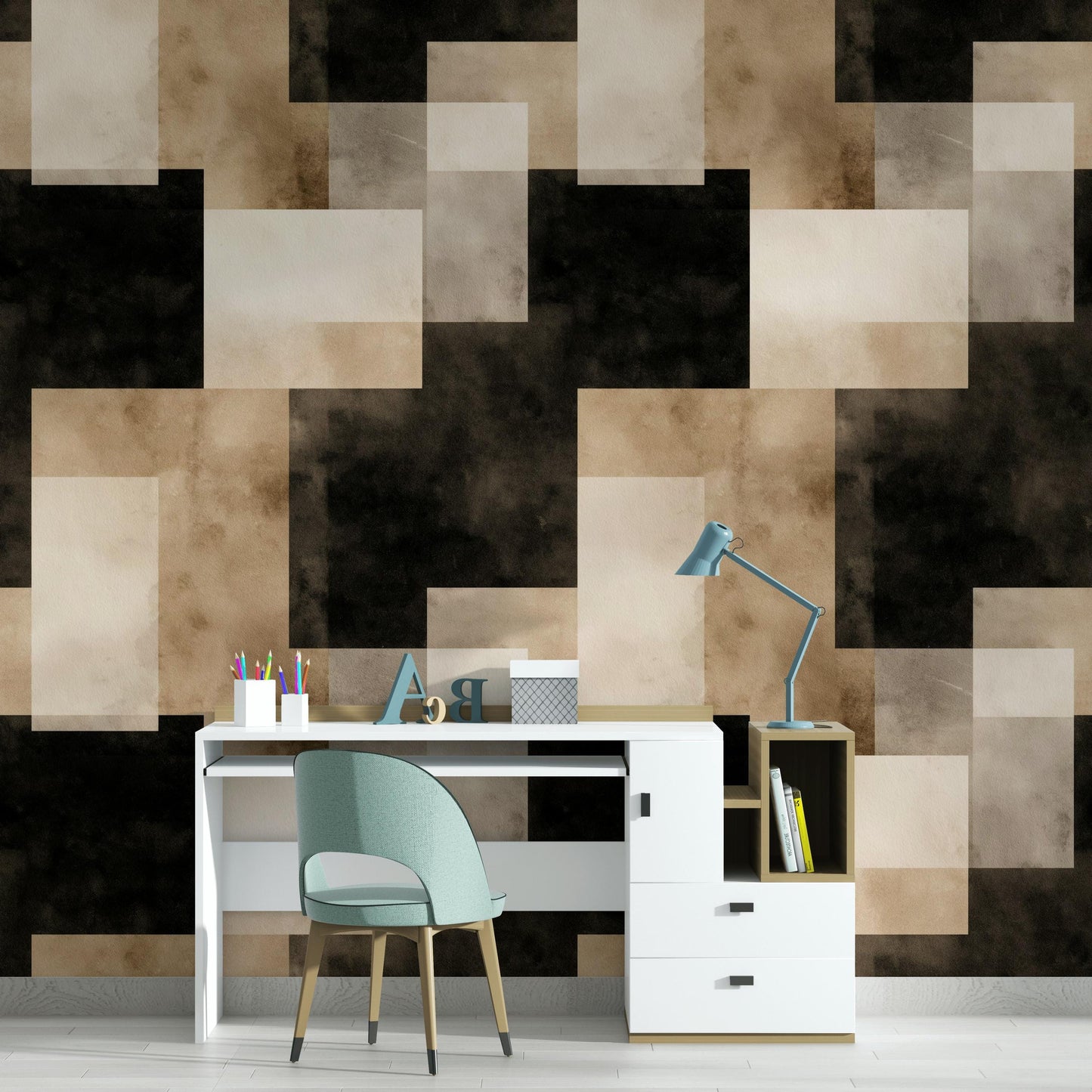 Abstract Geometric Squares Wallpaper | Modern Minimalist Wall Mural | Neutral Peel and Stick Decor