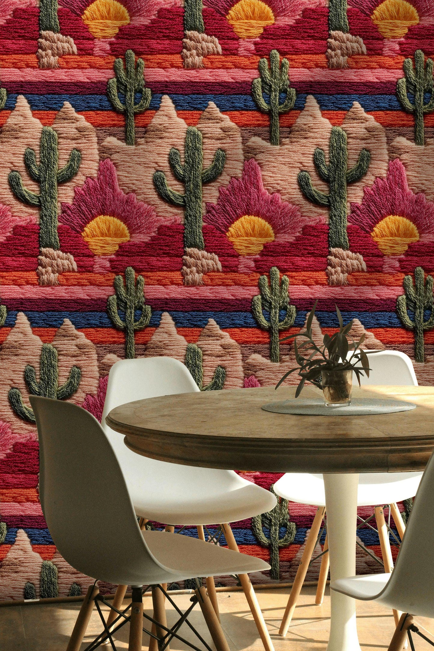 Embroidered Desert Landscape Wallpaper | Southwestern Wall Mural | Boho Peel and Stick Decor