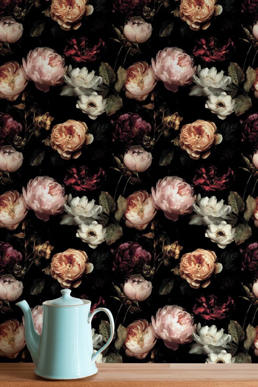 Dark Floral Wallpaper, Gothic Peony Rose Vertical Mural, Black Background Peel & Stick or Unpasted Panel