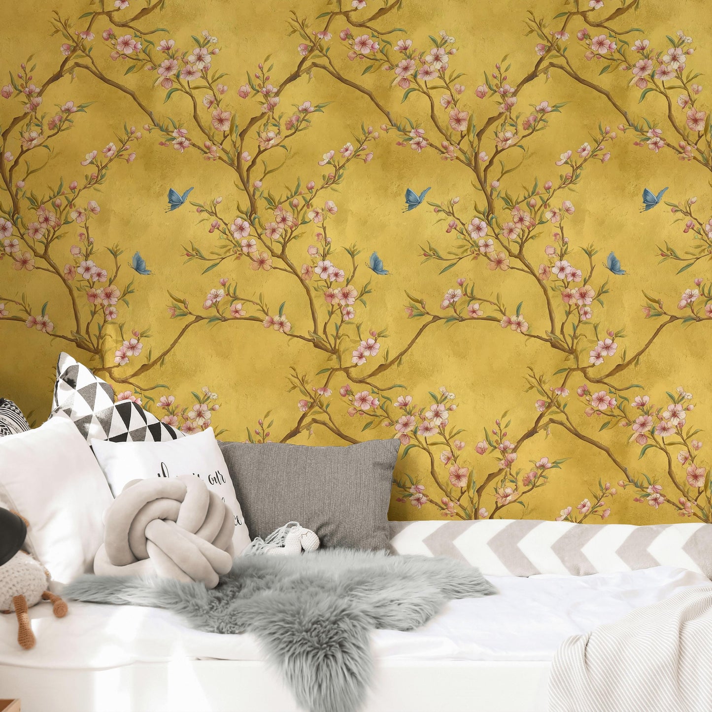 Chinoiserie Blossom Tree Wallpaper: Gold Butterfly Wall Mural, Peel & Stick