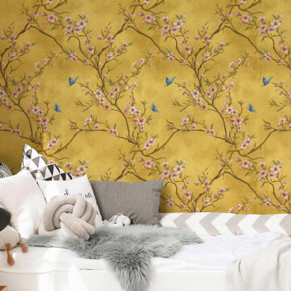 Chinoiserie Blossom Tree Wallpaper: Gold Butterfly Wall Mural, Peel & Stick