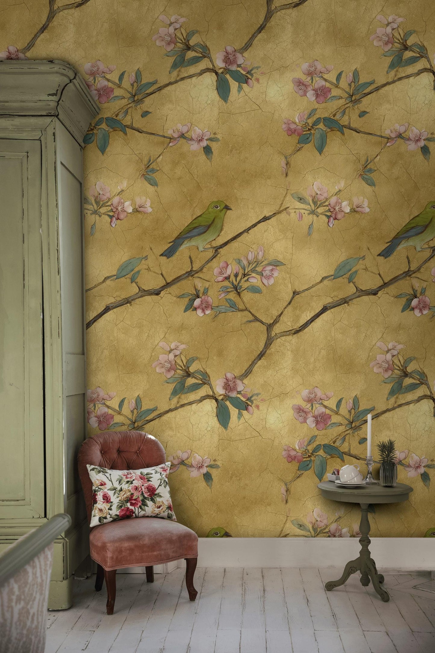Chinoiserie Gold Leaf Wallpaper: Bird & Cherry Blossom Peel and Stick Mural