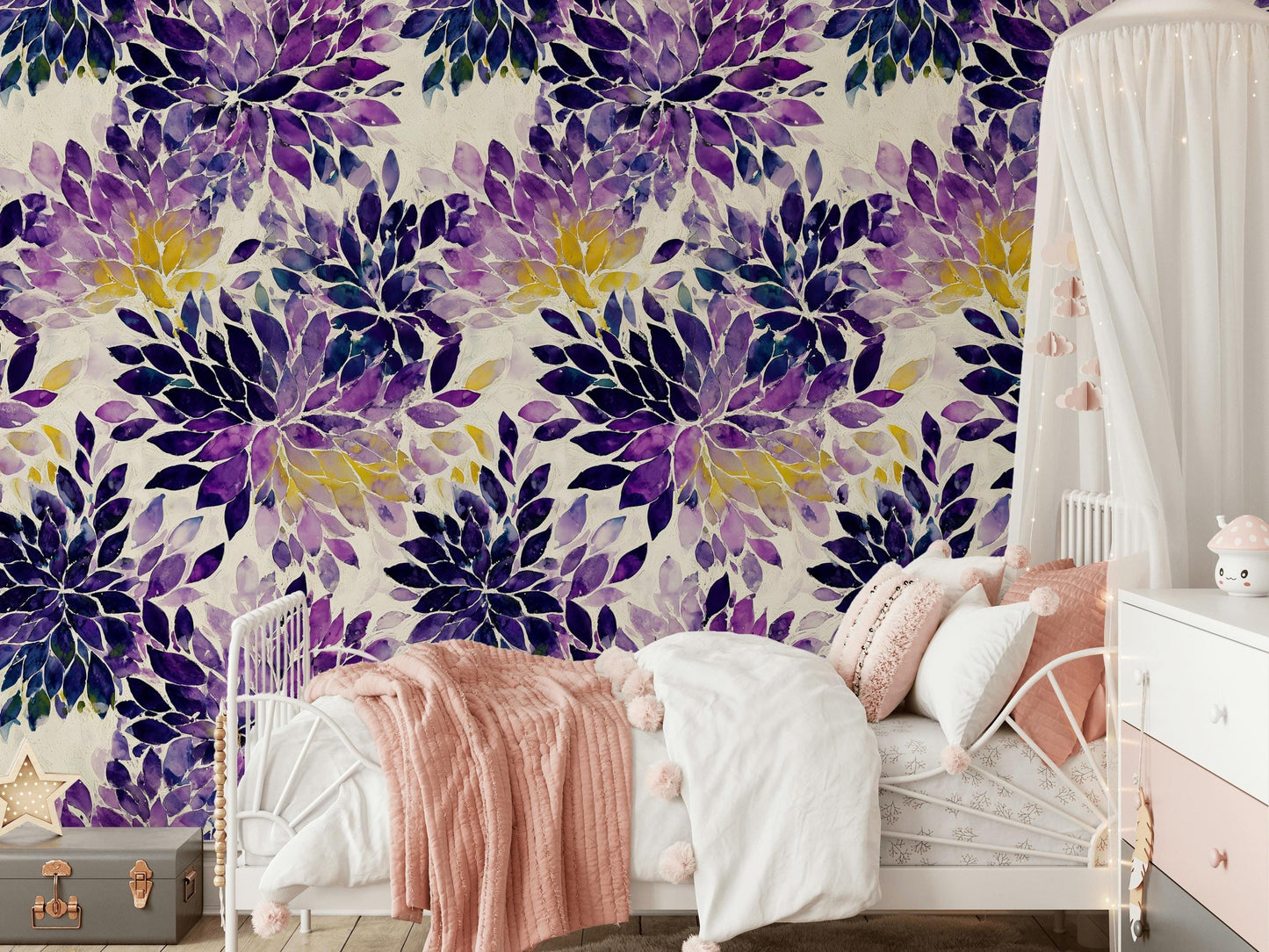 Purple Floral Watercolor Wallpaper: Abstract Peel and Stick Wall Mural