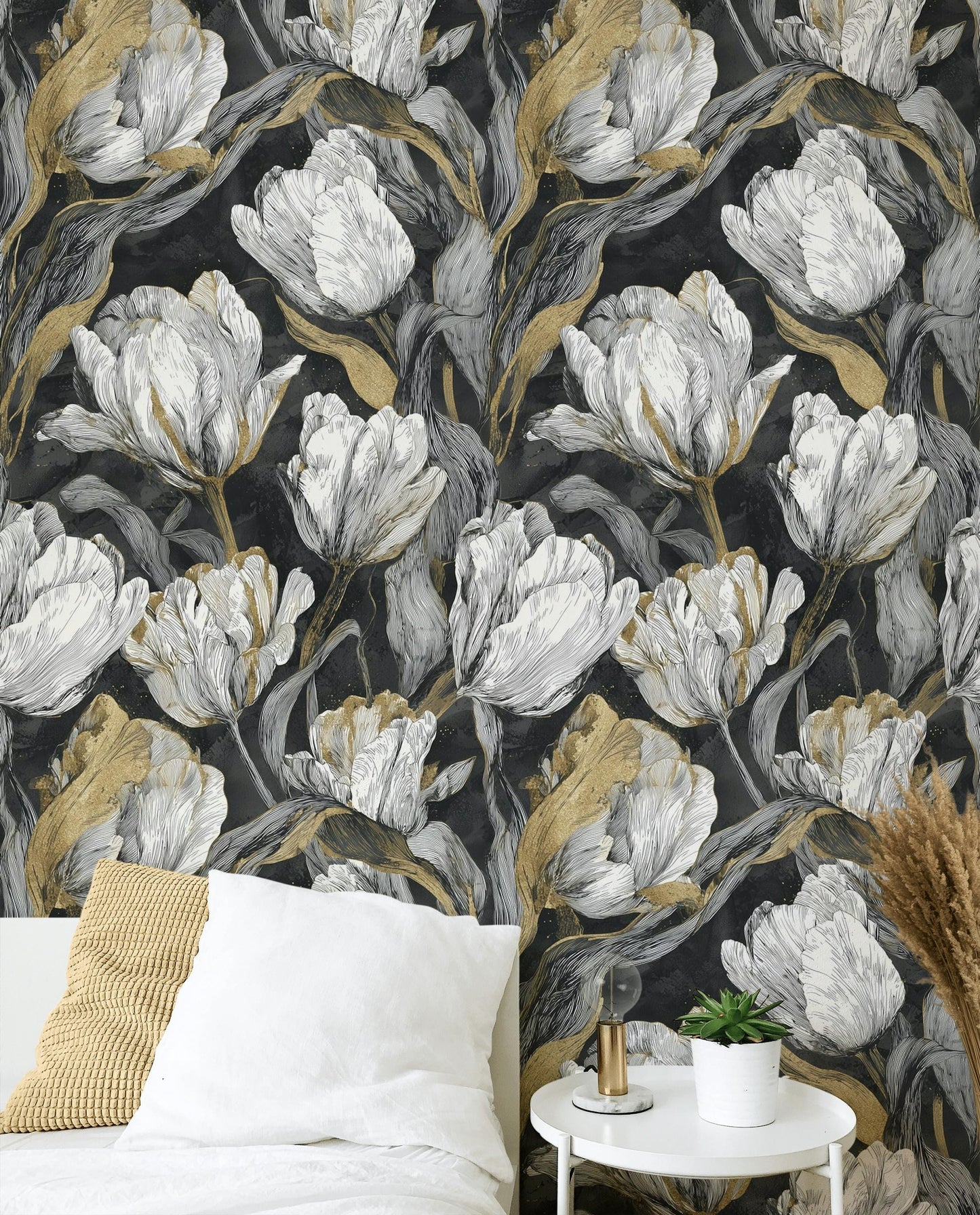 Luxury Gold Tulip Wallpaper | Dark Floral Wall Mural | Modern Botanical Peel and Stick Decor