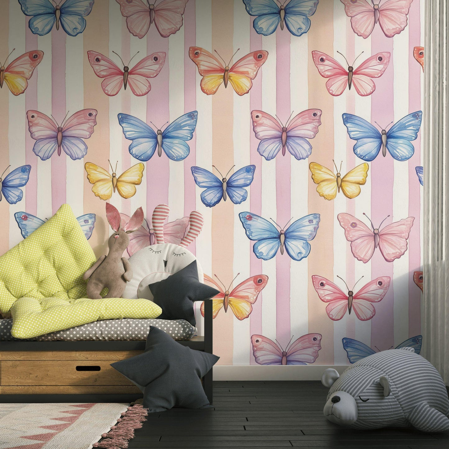 Watercolor Butterfly Wallpaper: Pastel Striped Peel and Stick Nursery Decor
