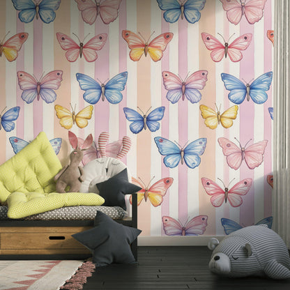 Watercolor Butterfly Wallpaper: Pastel Striped Peel and Stick Nursery Decor