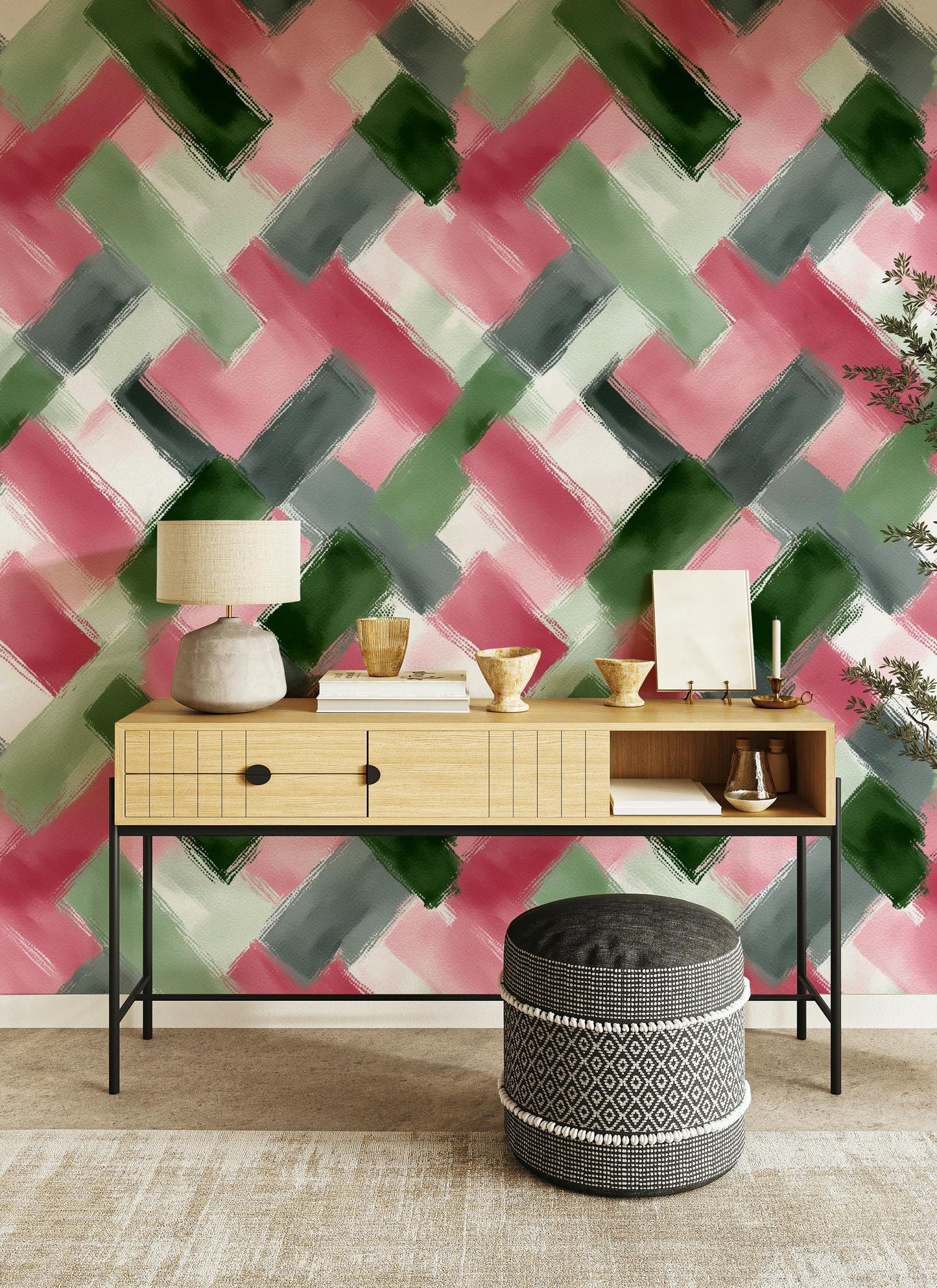 Abstract Brushstroke Wallpaper | Modern Pink Green Wall Mural | Geometric Pattern Peel and Stick Decor