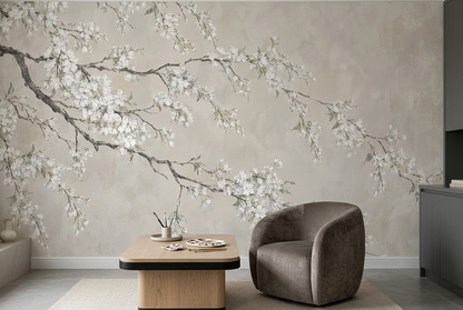 Cascading White Blossom Wall Mural with Charcoal Branches