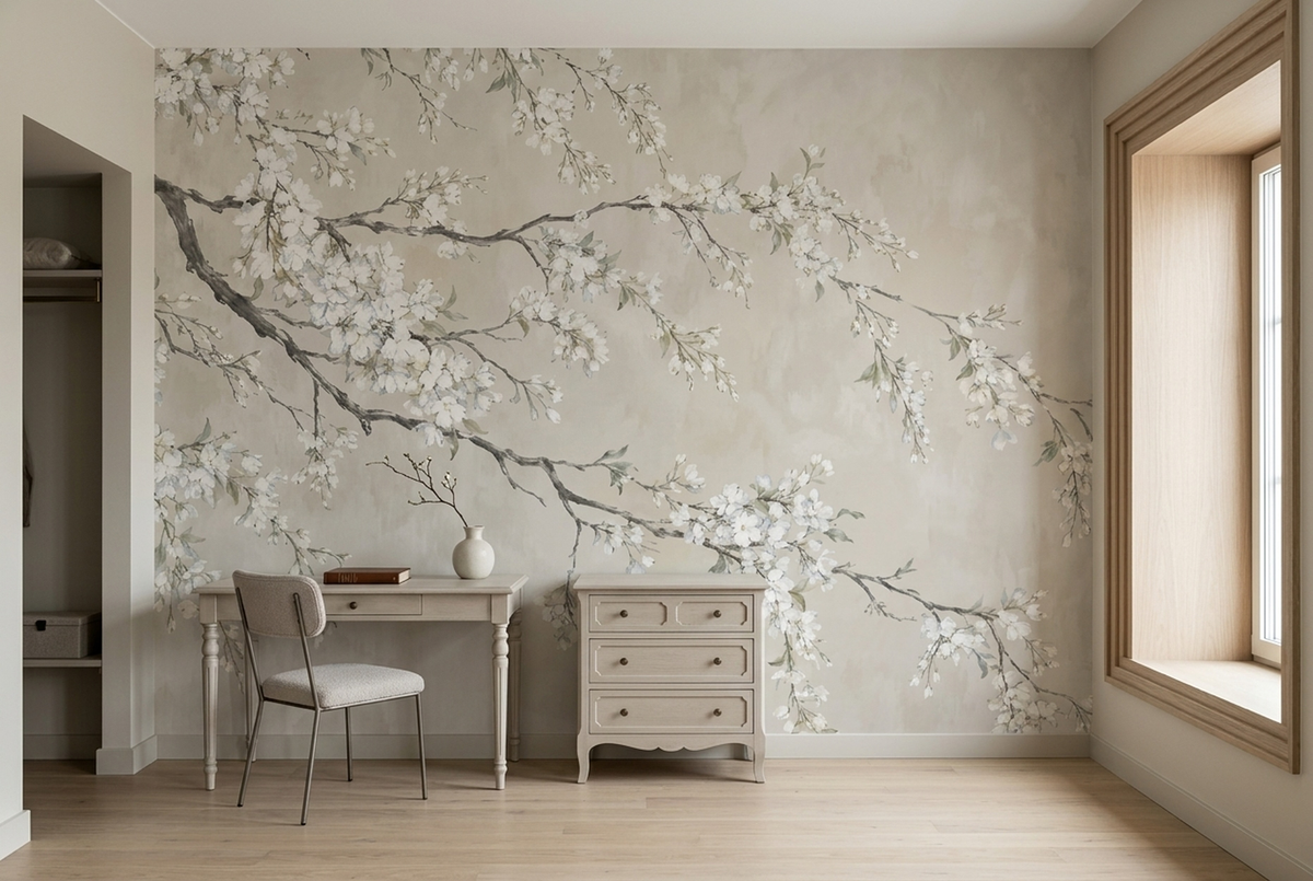 Cascading White Blossom Wall Mural with Charcoal Branches