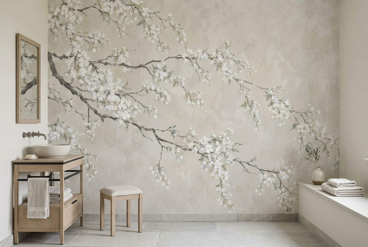 Cascading White Blossom Wall Mural with Charcoal Branches