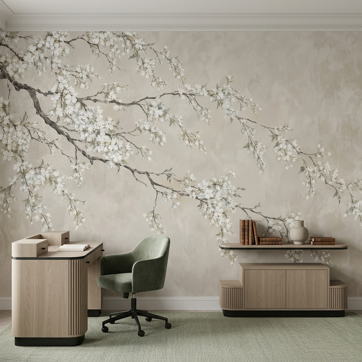 Cascading White Blossom Wall Mural with Charcoal Branches