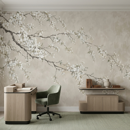 Cascading White Blossom Wall Mural with Charcoal Branches