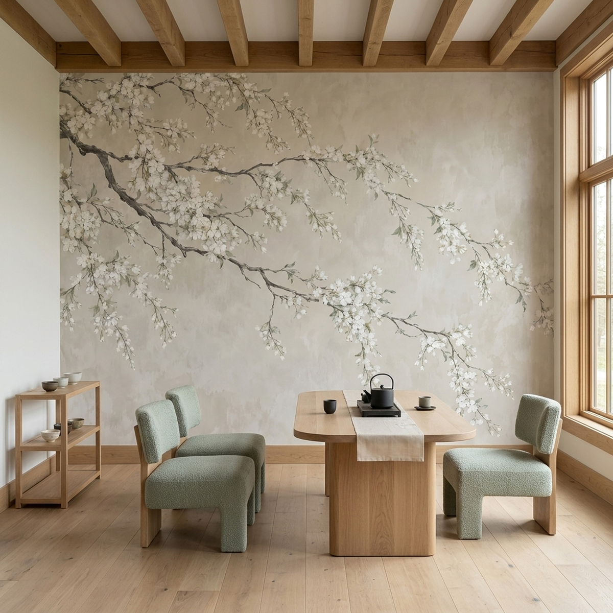 Cascading White Blossom Wall Mural with Charcoal Branches