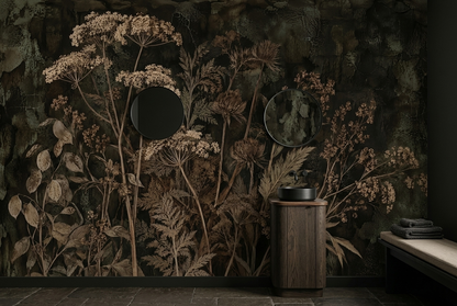 Dried Wildflower Wall Mural in Sepia with Dark Botanical Detail