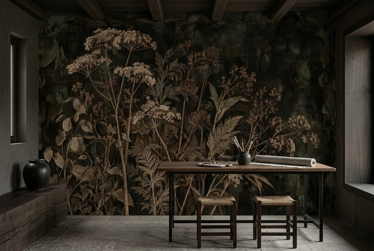 Dried Wildflower Wall Mural in Sepia with Dark Botanical Detail
