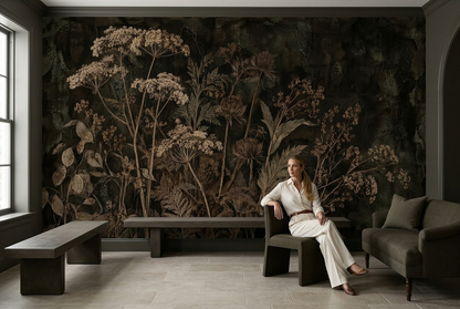 Dried Wildflower Wall Mural in Sepia with Dark Botanical Detail