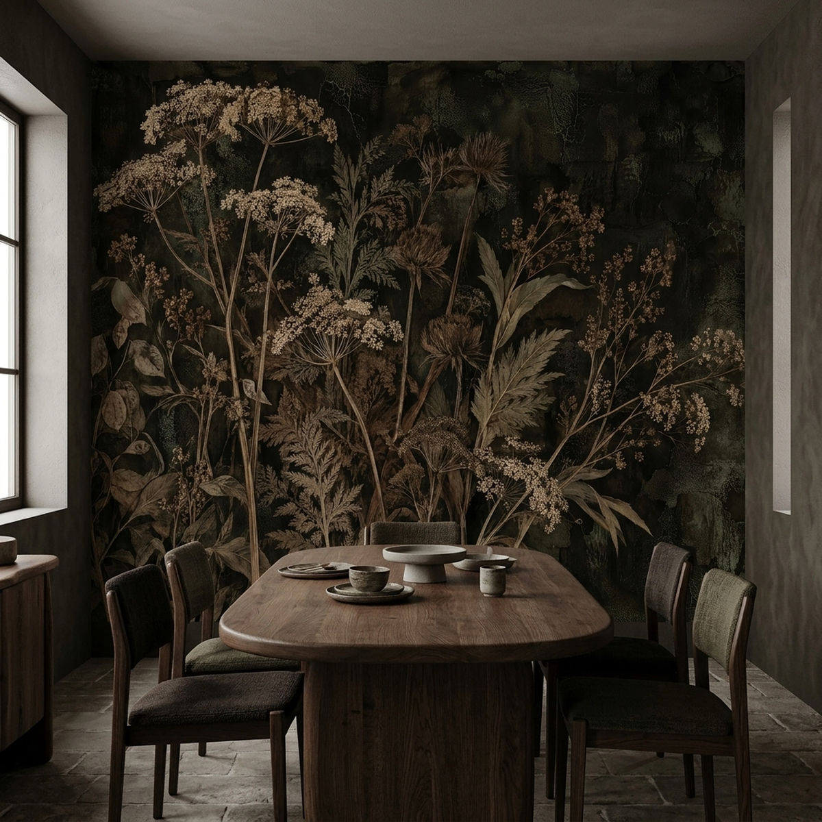 Dried Wildflower Wall Mural in Sepia with Dark Botanical Detail