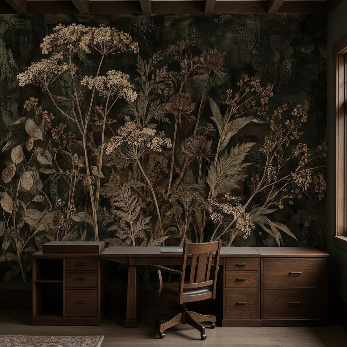 Dried Wildflower Wall Mural in Sepia with Dark Botanical Detail
