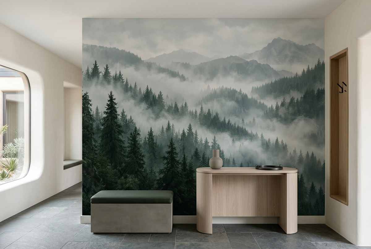 Foggy Pine Mountain Wallpaper Layered Landscape Wall Mural