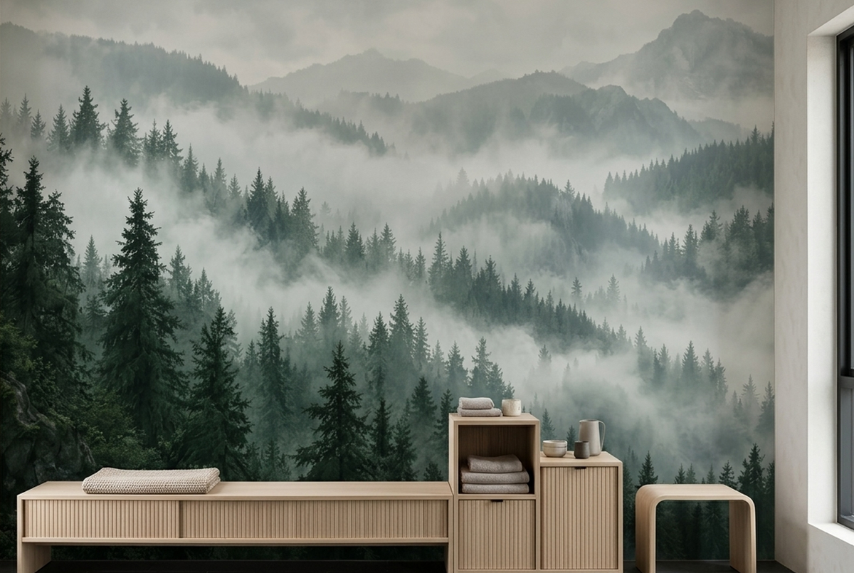 Foggy Pine Mountain Wallpaper Layered Landscape Wall Mural