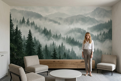 Foggy Pine Mountain Wallpaper Layered Landscape Wall Mural