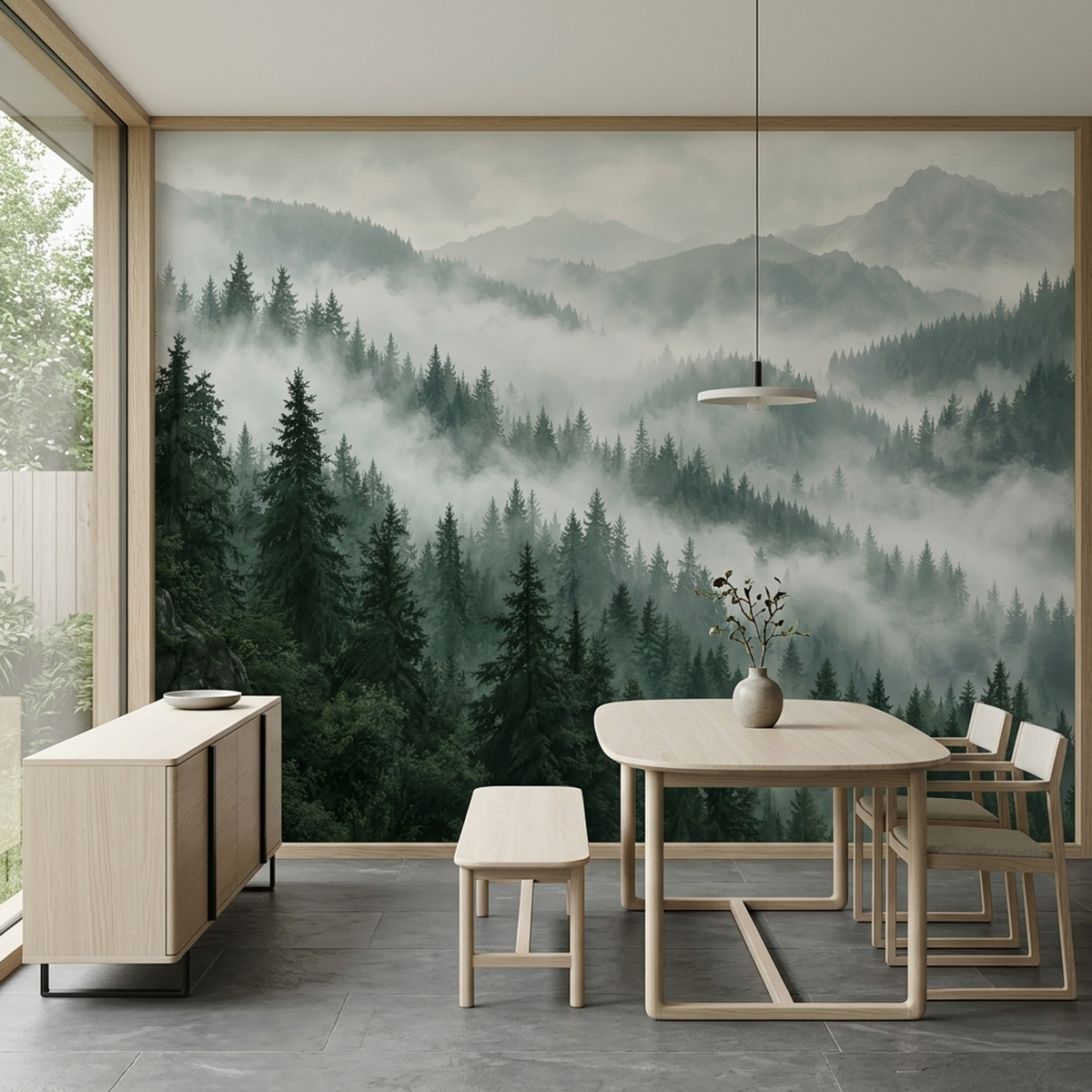 Foggy Pine Mountain Wallpaper Layered Landscape Wall Mural