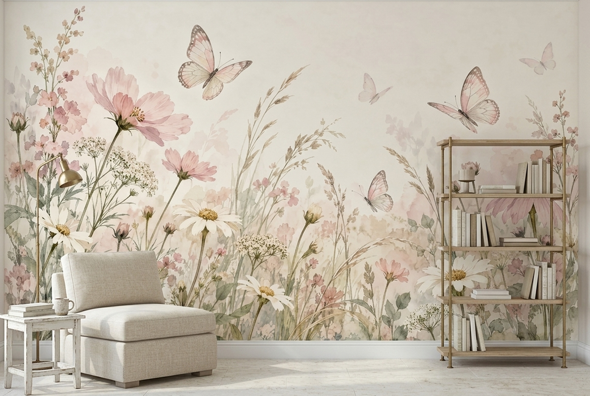 Pink Wildflowers Wallpaper Watercolor Meadow Wall Mural
