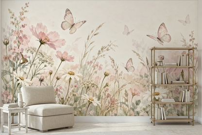 Pink Wildflowers Wallpaper Watercolor Meadow Wall Mural