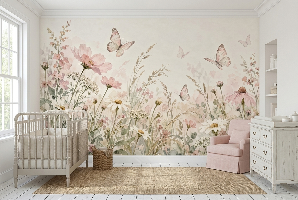 Pink Wildflowers Wallpaper Watercolor Meadow Wall Mural