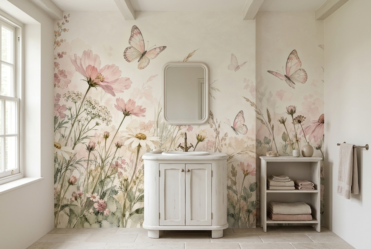 Pink Wildflowers Wallpaper Watercolor Meadow Wall Mural