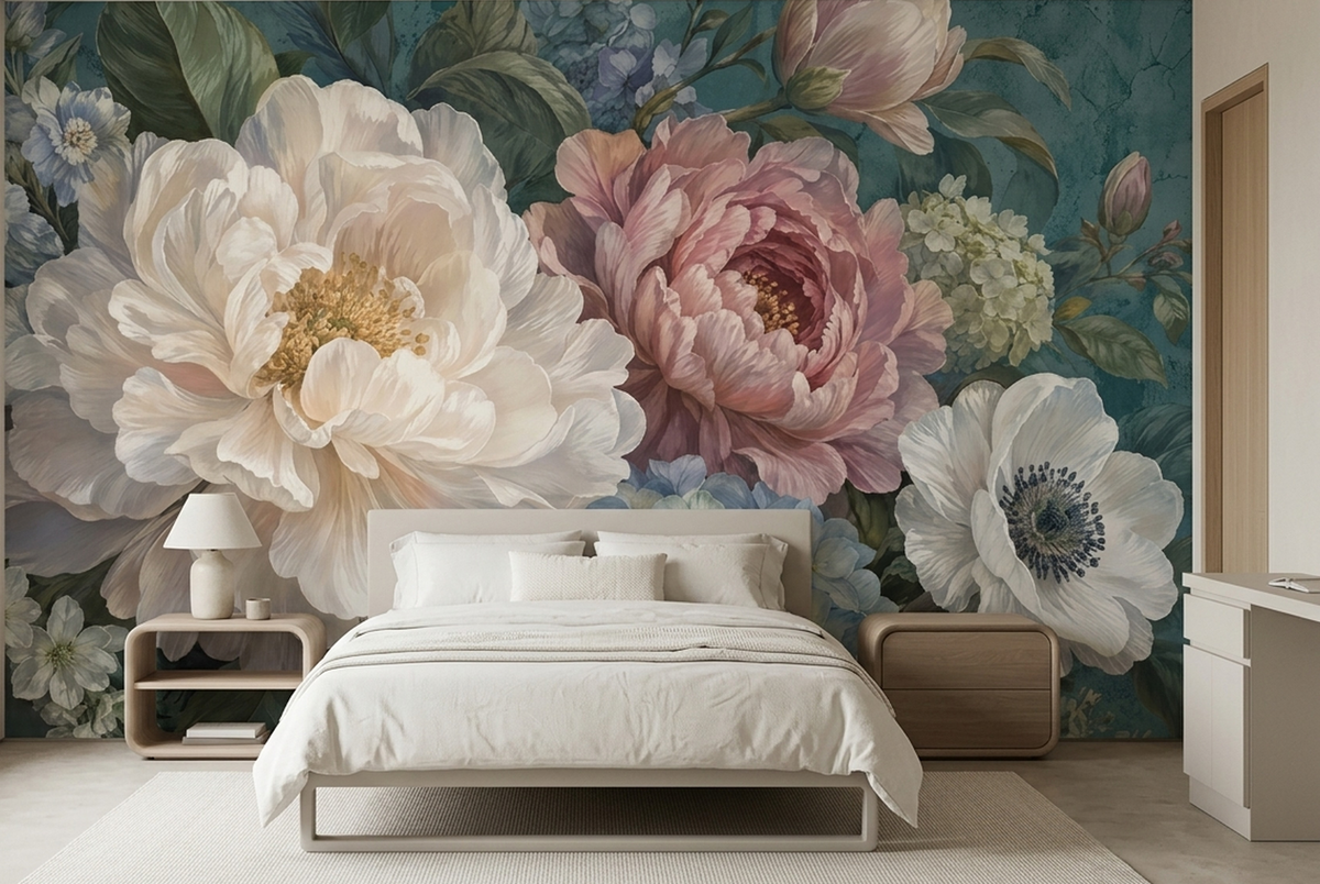 Peony And Hydrangea Wallpaper Painted Floral Wall Mural