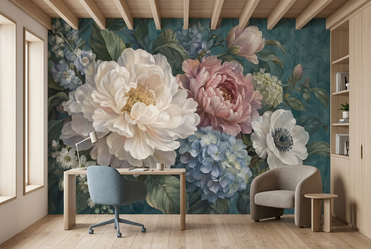 Peony And Hydrangea Wallpaper Painted Floral Wall Mural