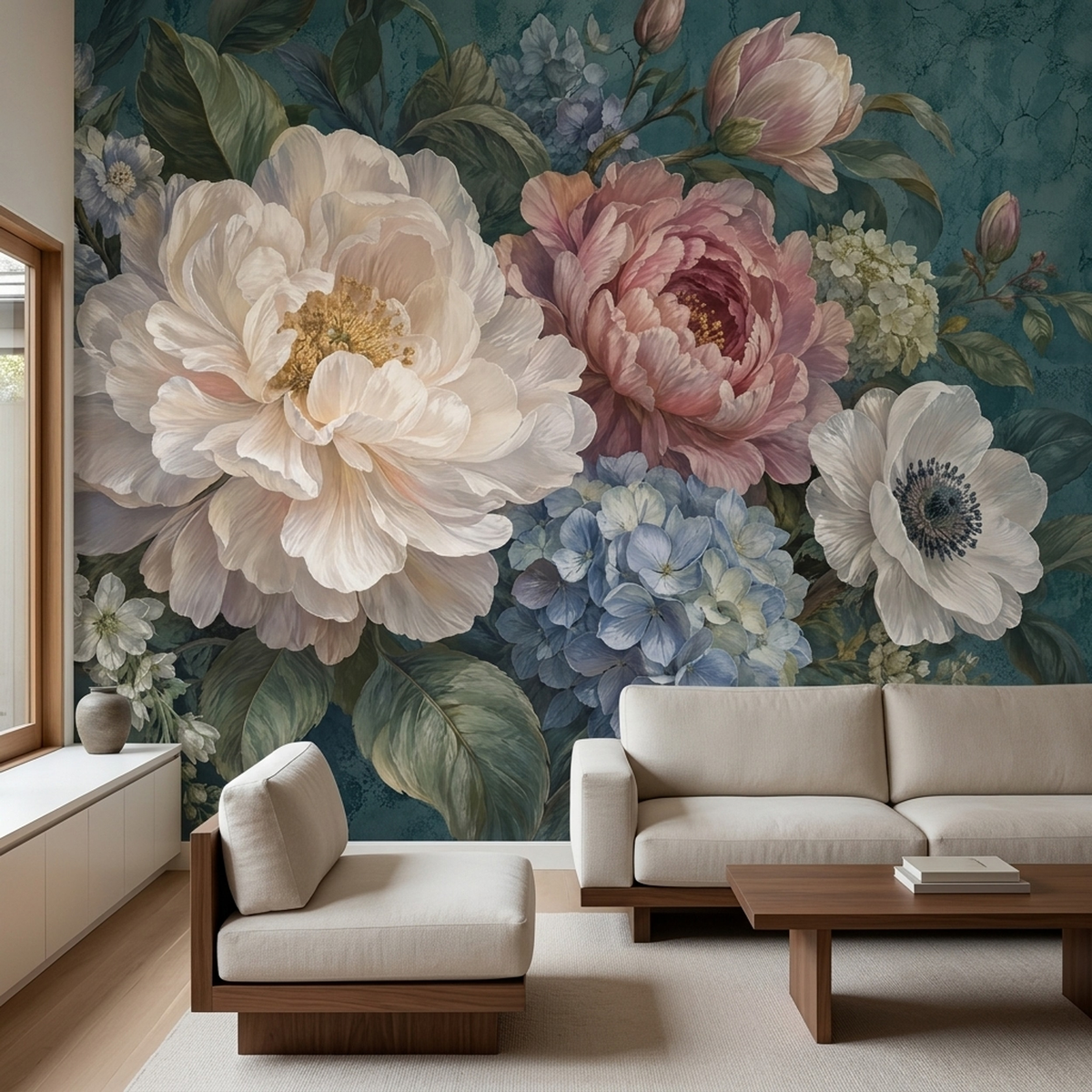 Peony And Hydrangea Wallpaper Painted Floral Wall Mural