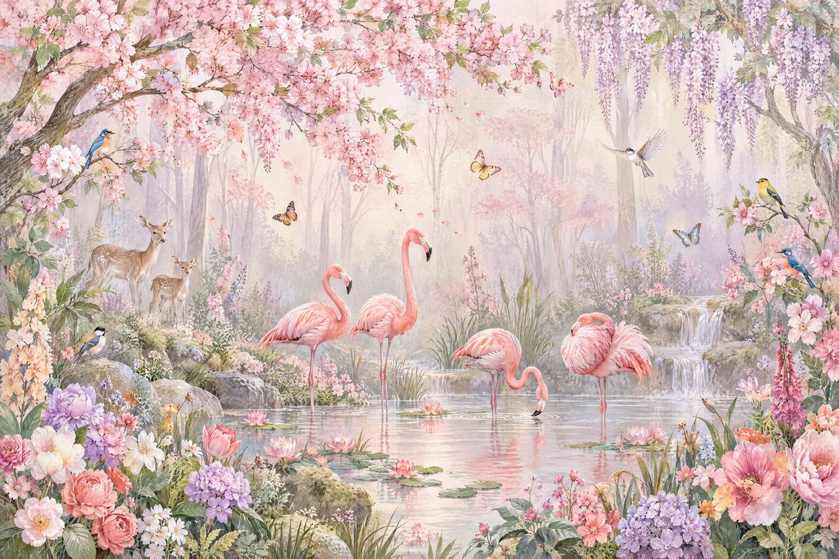 Flamingo Lake Garden Wallpaper Pastel Watercolor Wall Mural