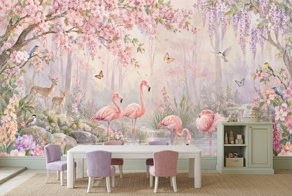 Flamingo Lake Garden Wallpaper Pastel Watercolor Wall Mural