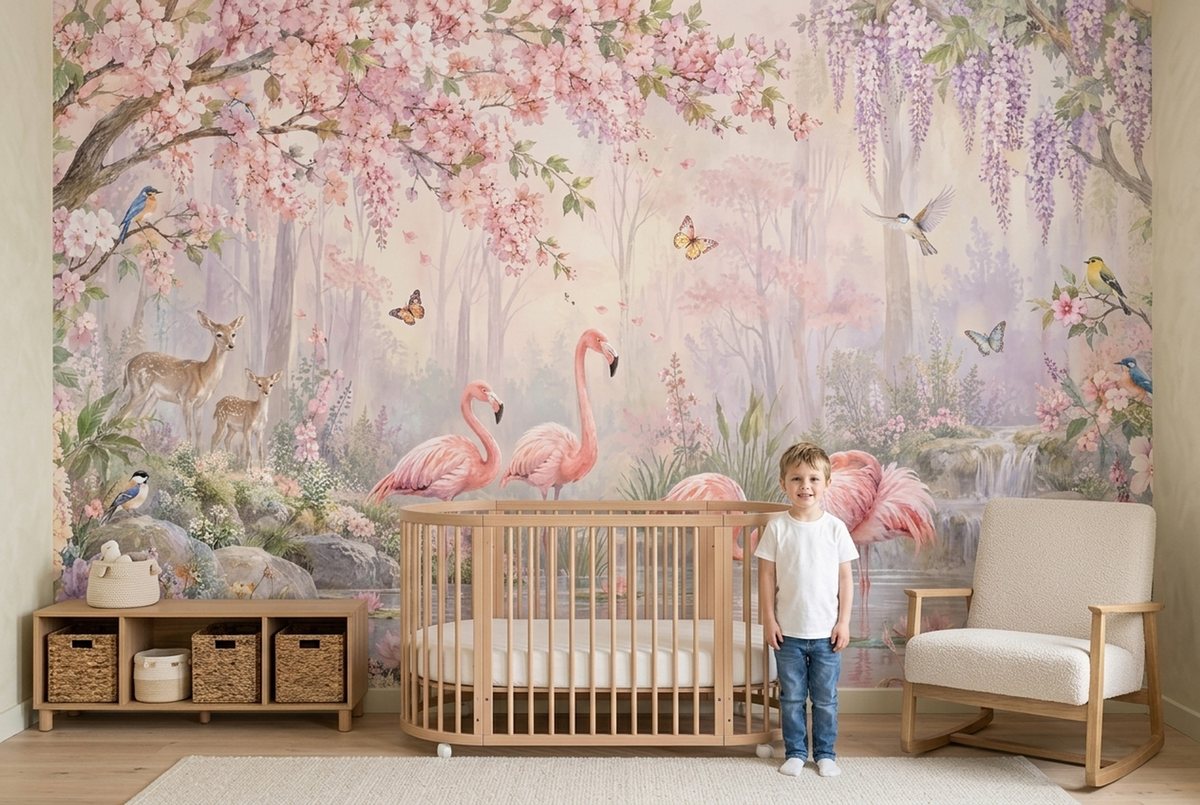 Flamingo Lake Garden Wallpaper Pastel Watercolor Wall Mural