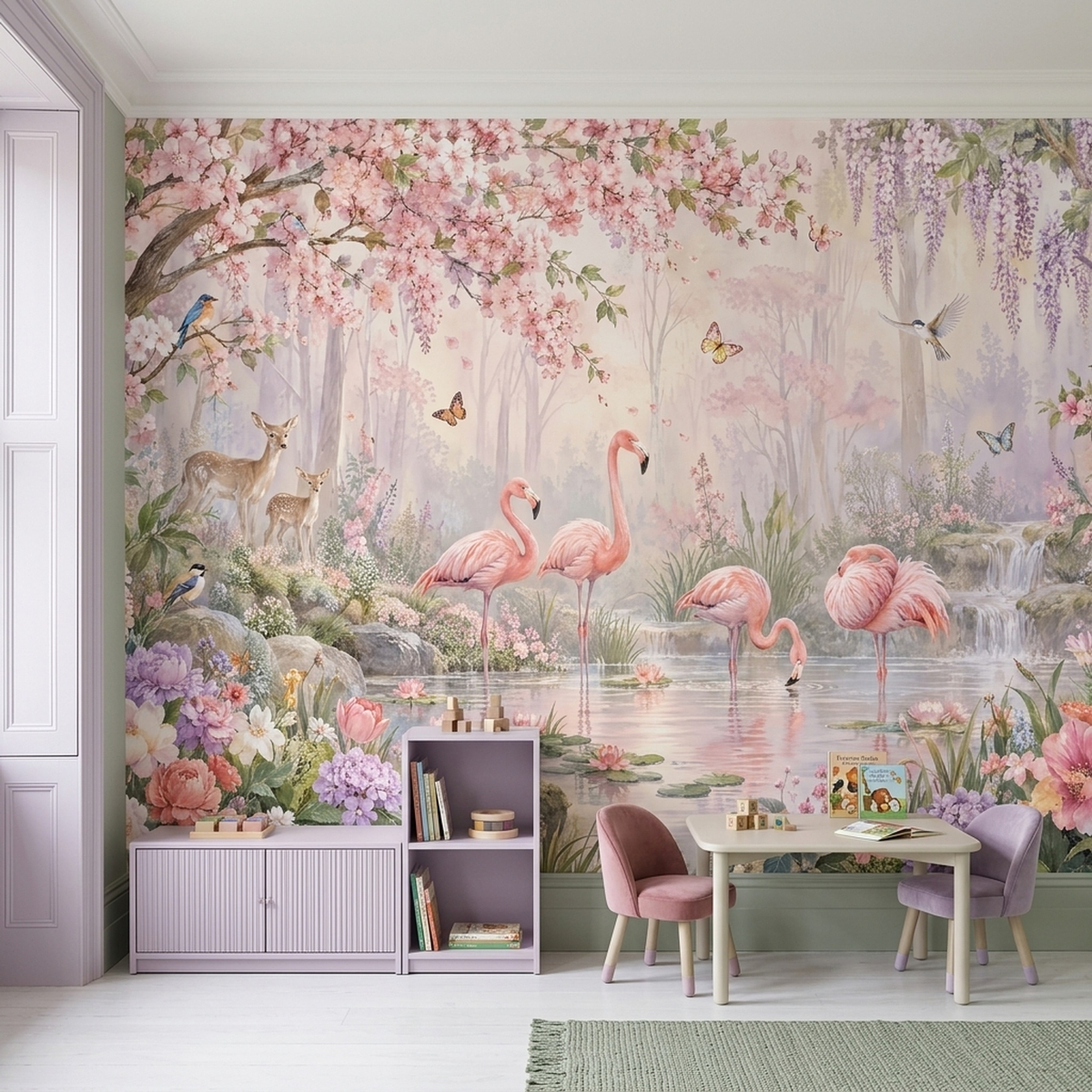Flamingo Lake Garden Wallpaper Pastel Watercolor Wall Mural