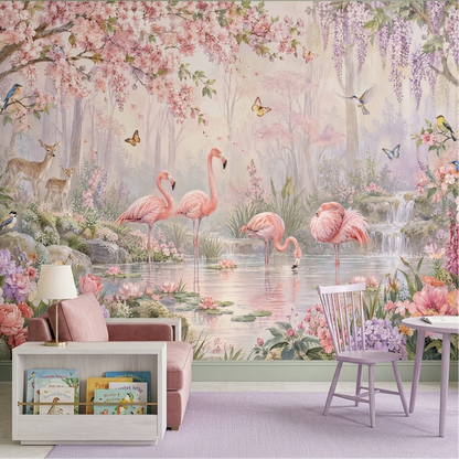 Flamingo Lake Garden Wallpaper Pastel Watercolor Wall Mural