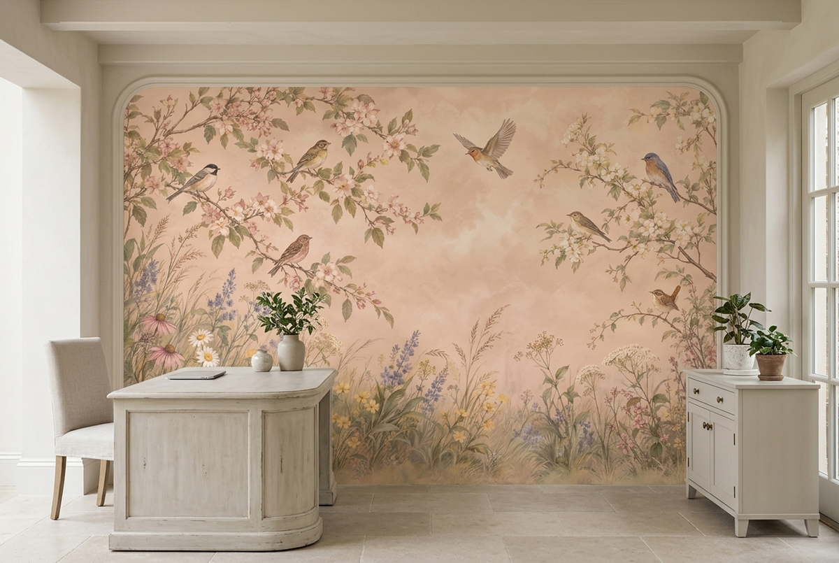 Blossoming Tree Branches Wallpaper Pastel Botanical Wall Mural