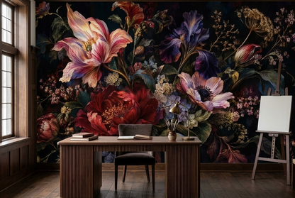 Baroque Style Floral Bouquet Wallpaper Dark Background Wall Mural