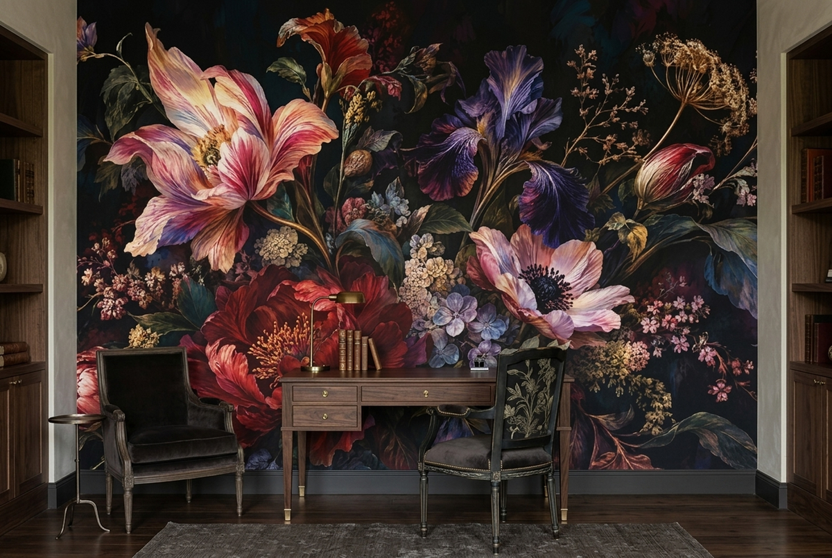 Baroque Style Floral Bouquet Wallpaper Dark Background Wall Mural