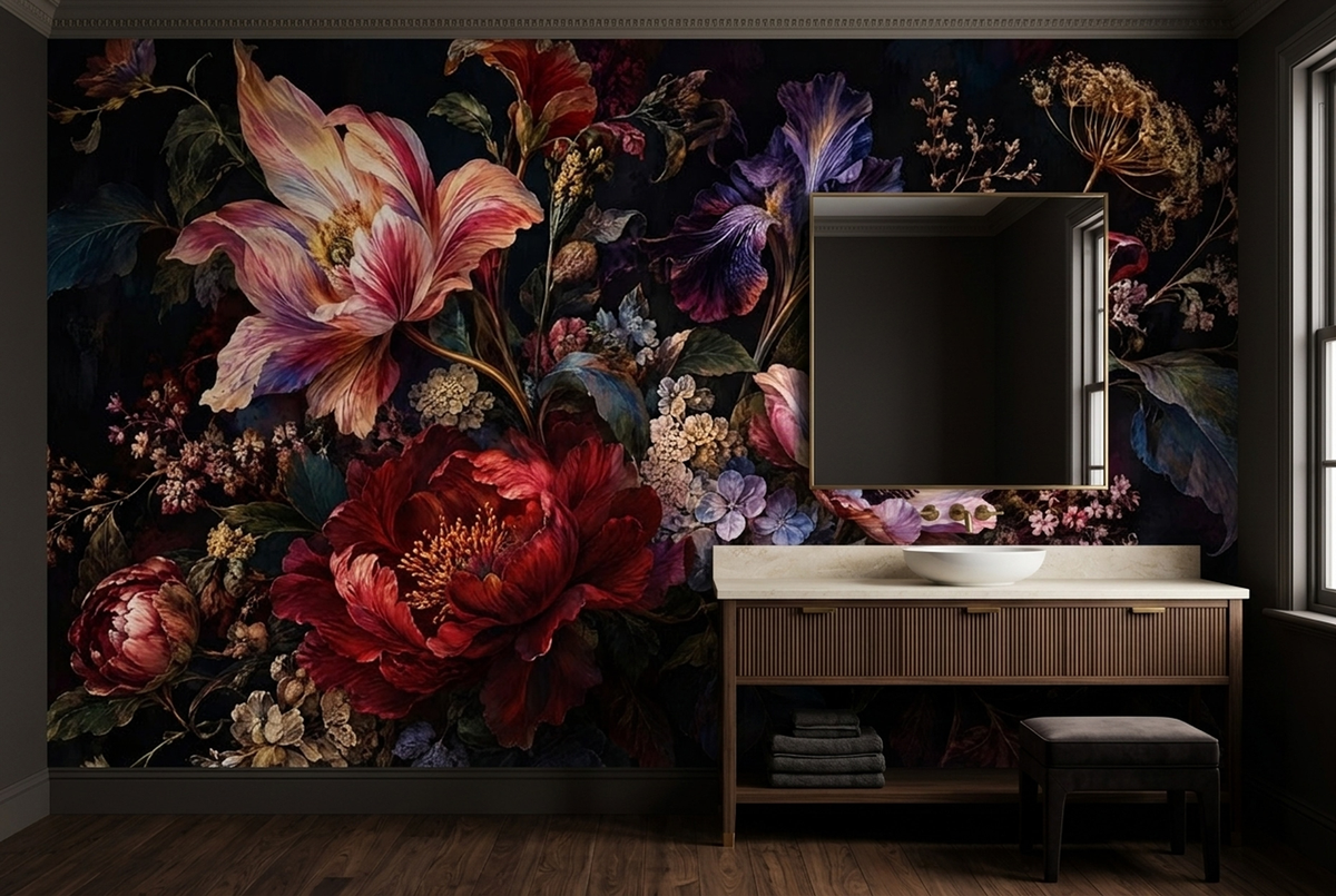 Baroque Style Floral Bouquet Wallpaper Dark Background Wall Mural