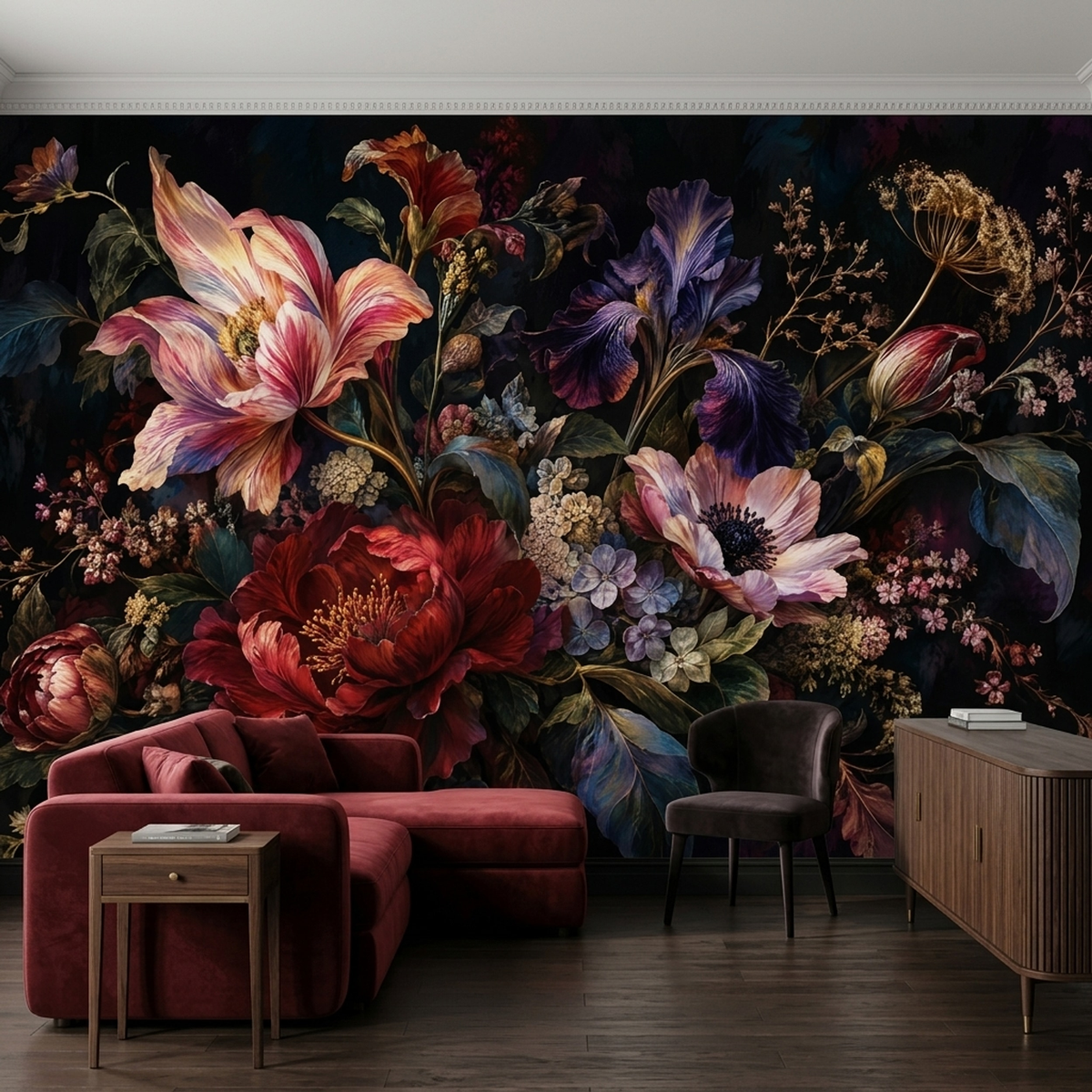 Baroque Style Floral Bouquet Wallpaper Dark Background Wall Mural