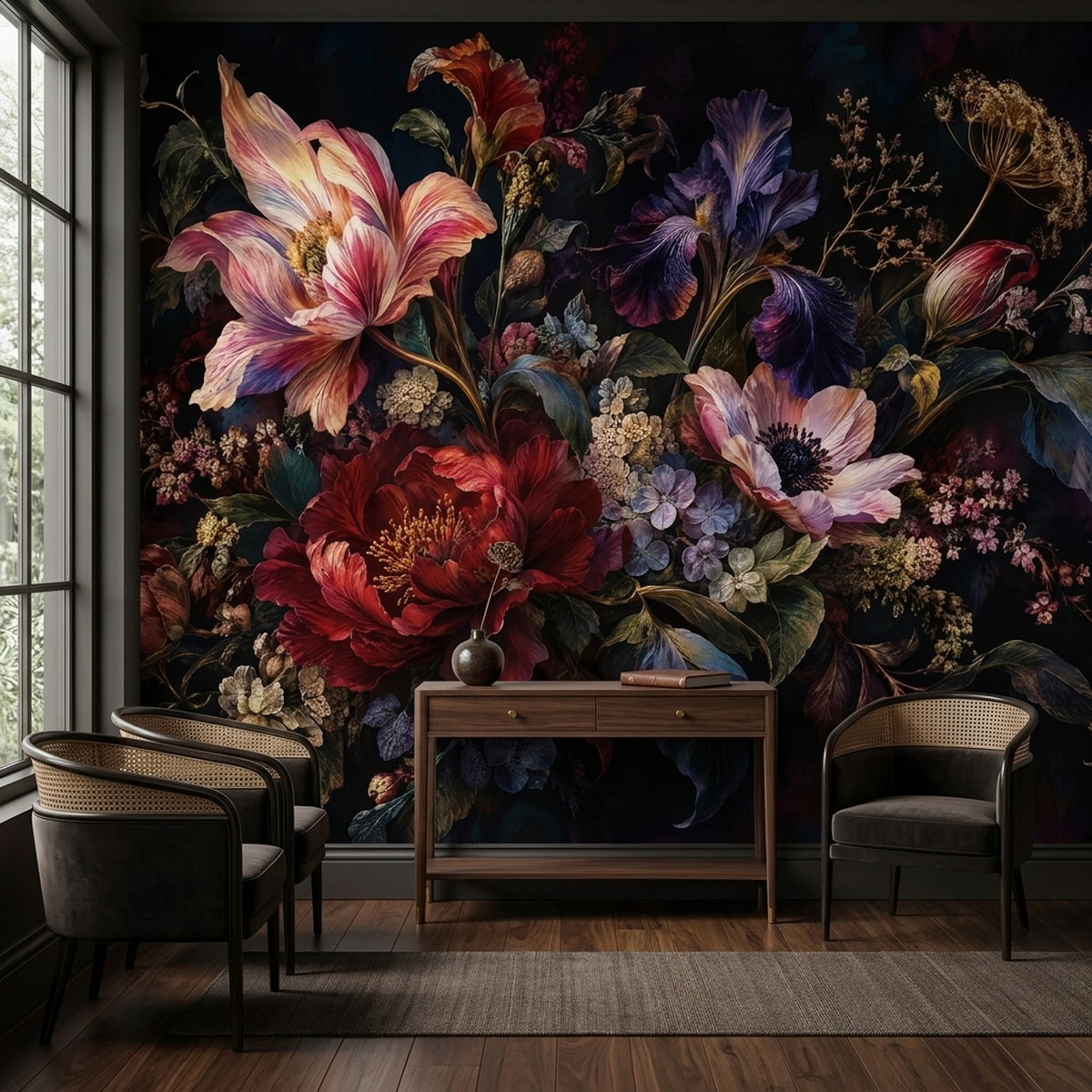 Baroque Style Floral Bouquet Wallpaper Dark Background Wall Mural